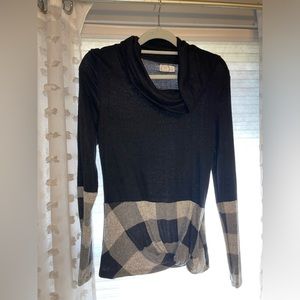 Maurice’s 24/7 cowl neck sweater with knot black/ plaid accents
